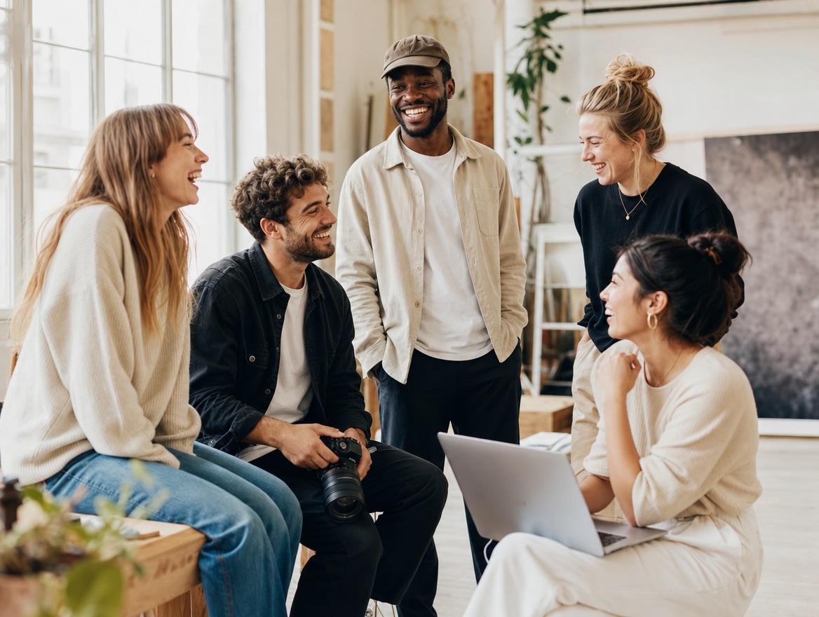 Five creatives smiling and enjoying time together in a bright studio