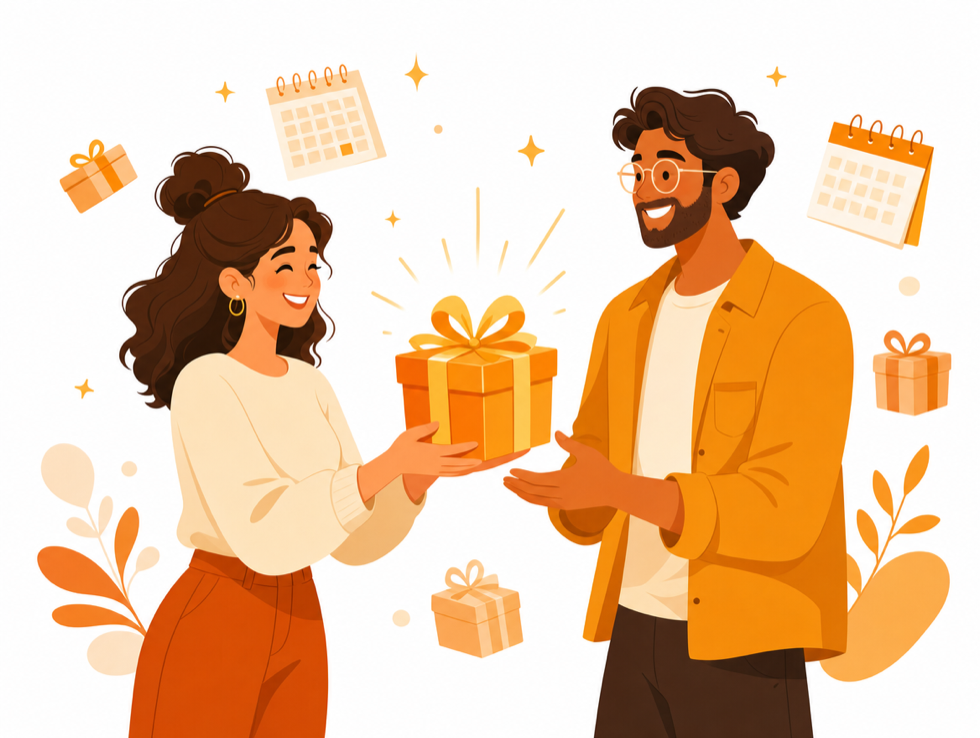 One creative handing another a gift, representing the give-a-month get-a-month reward